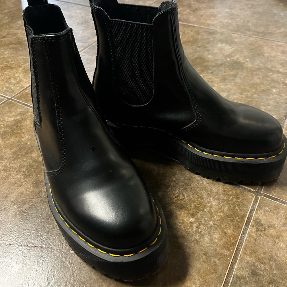 Dr. Martens Black Chelsea Platform Boots with Yellow Stitching